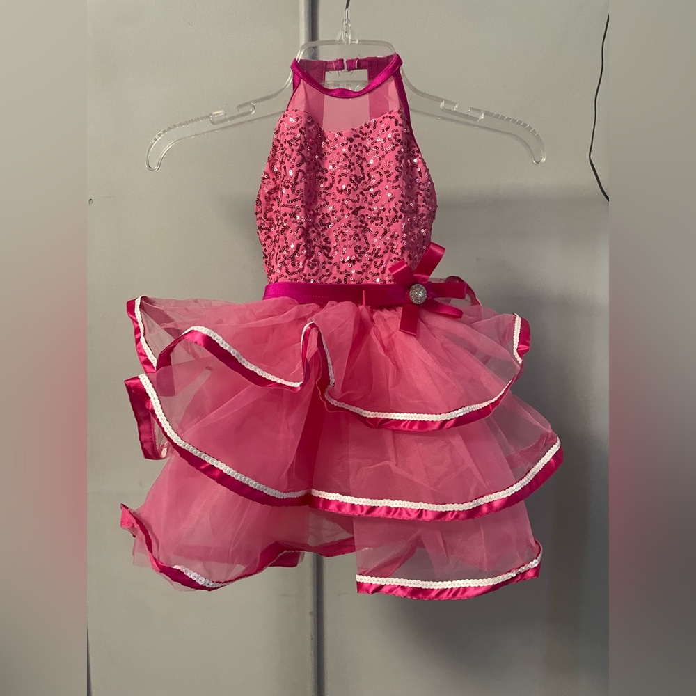 Weissman Pink Dance Costumes with Sparkly Bodices and Layered Tulle Skirts